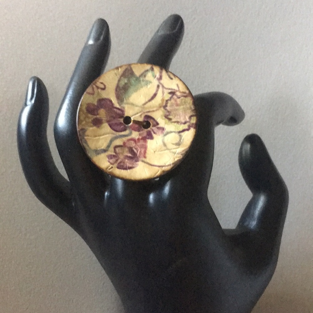 Painted  Distressed Wood Button Ring